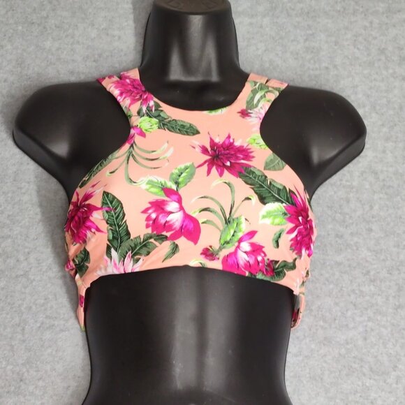 Tori Praver Sz S Seafoam Swimwear Pink Floral Halter Bikini Top High Neck Smock - Picture 5 of 10